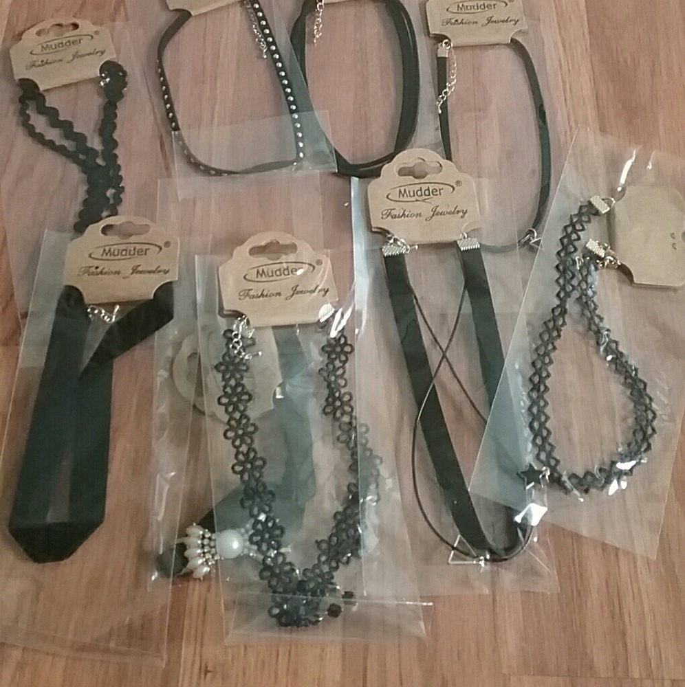 90s Style Chokers set of 10, Black Choker Necklace